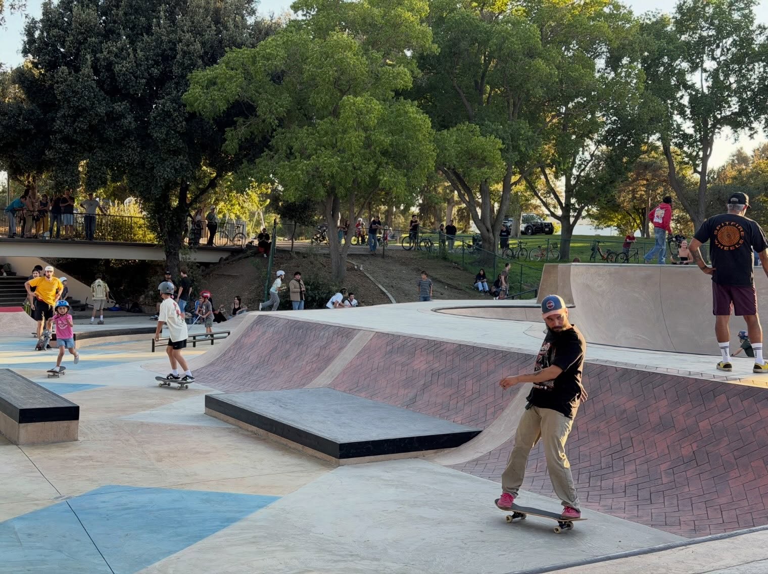 Opening day at the rebuilt Davis park: skaters working the red banks and ledges of the new street section under the Community Park trees.